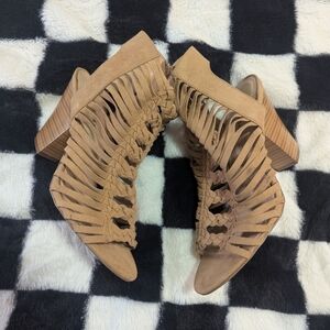 JustFab Tan Suede Braided Fringe Block Heel Sandals Size 7.5